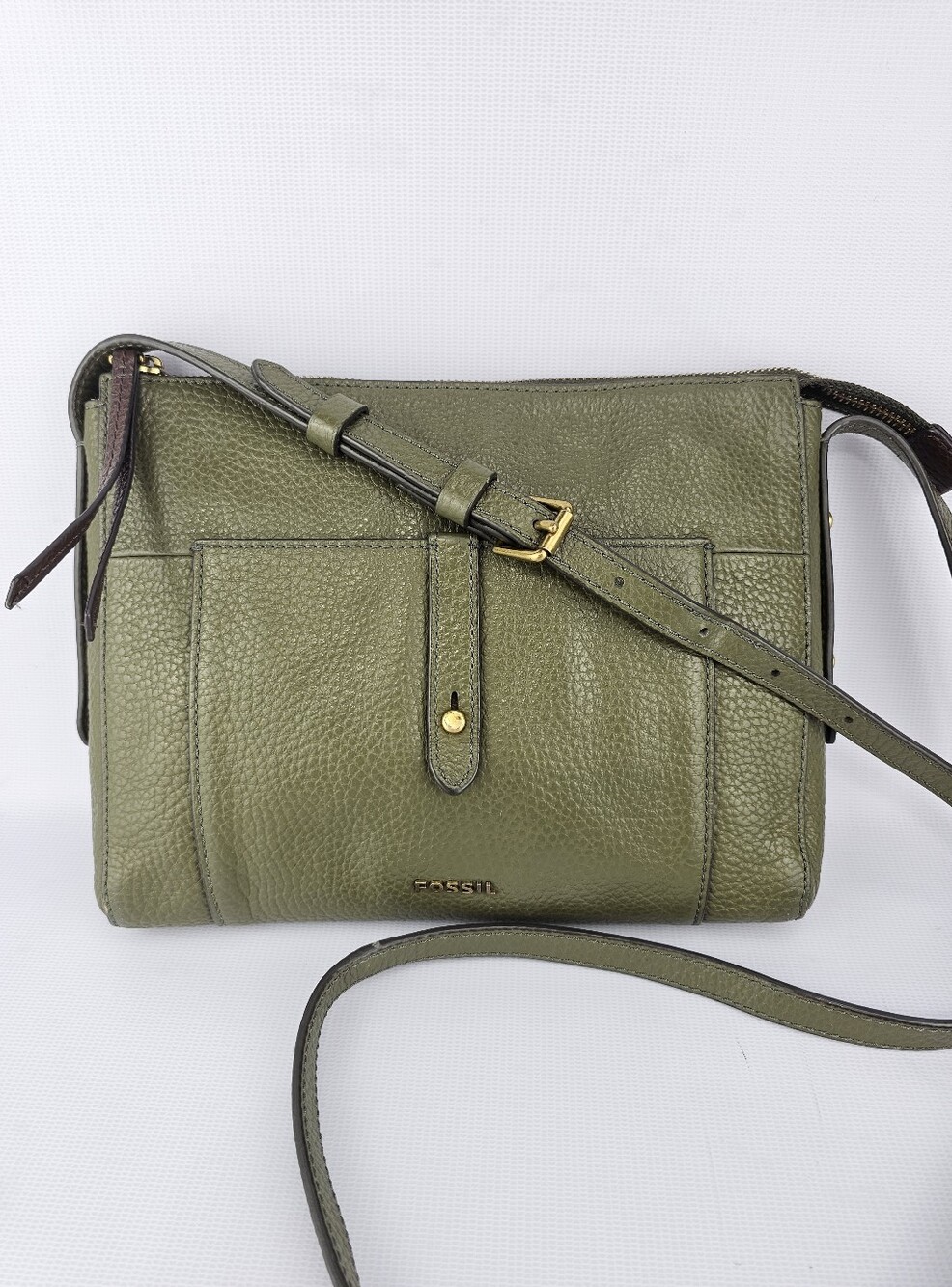 Fossil Jenna Top Zip Pebbled Leather Crossbody Bag Army Green